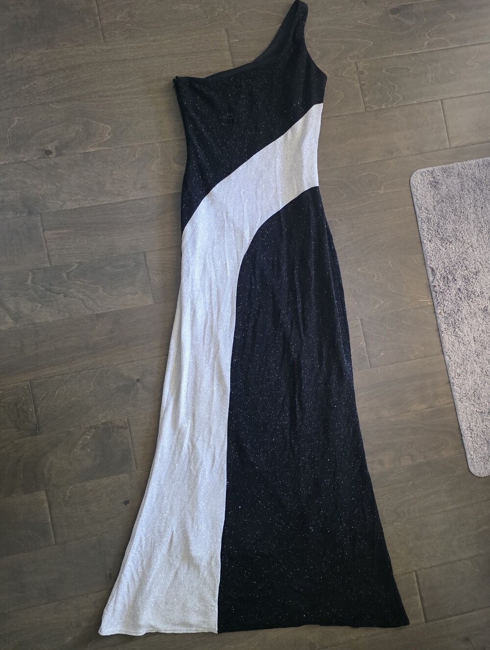 Bari Jay Black and White One-Shoulder Maxi Dress